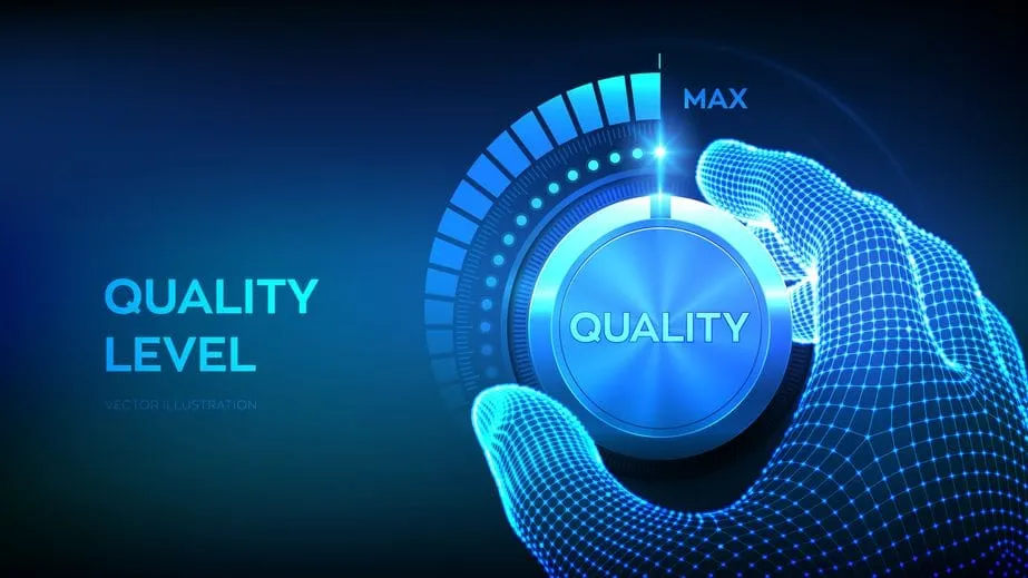 Quality levels knob button. Wireframe hand turning a quality level knob to the maximum position. Quality Improvement Concept. Vector illustration.